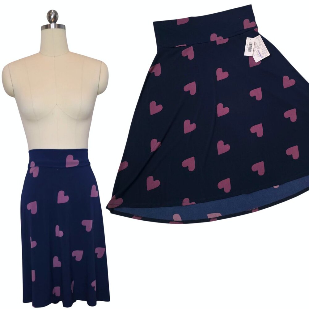 LuLaRoe Azure Skirt Large Heart Navy Purple Valentines Short Swing A-Line Yoga